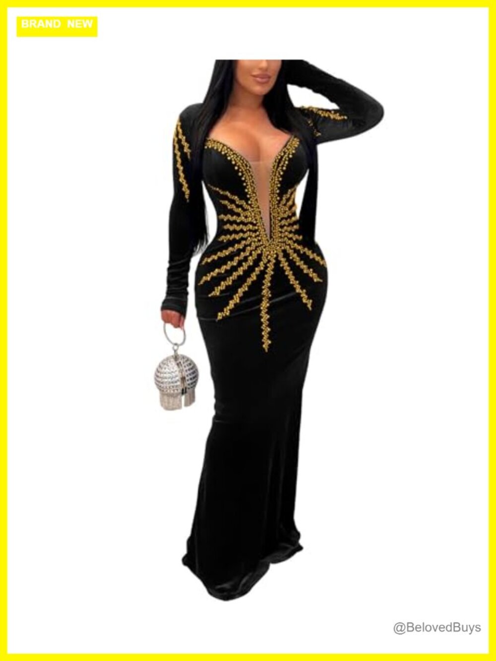 Jigfar Rhinestone Velvet Mesh Patchwork Mermaid Maxi Dress